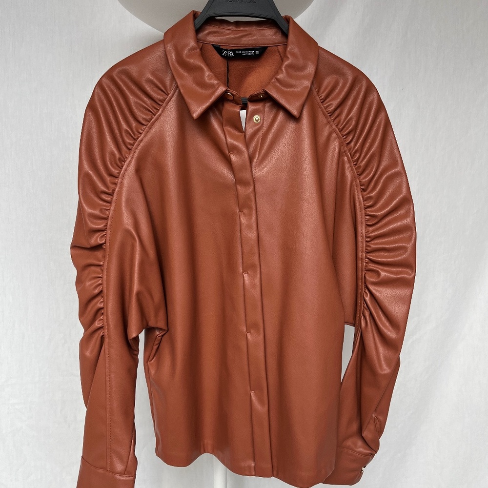 Zara (XS) soft pumkin vegan leather shirt, ruched sleeves, BNWT.